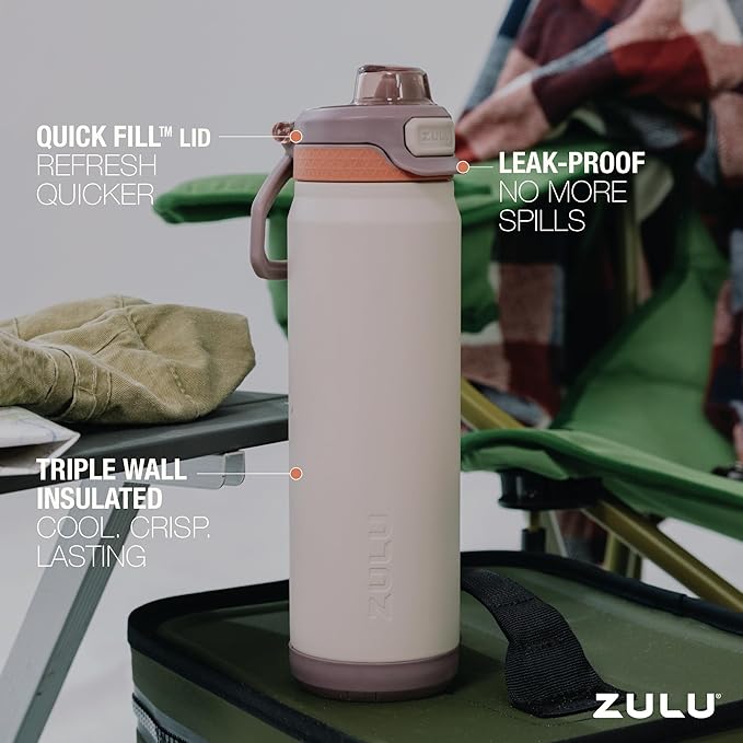 ZULU Powerfill Pro 40oz Stainless Steel Water Bottle with Quick Fill Lid, Triple Walled Vacuum Insulated Metal, Leak Proof Locking Lid, Sip and Chug, Reusable BPA Free, Driftwood