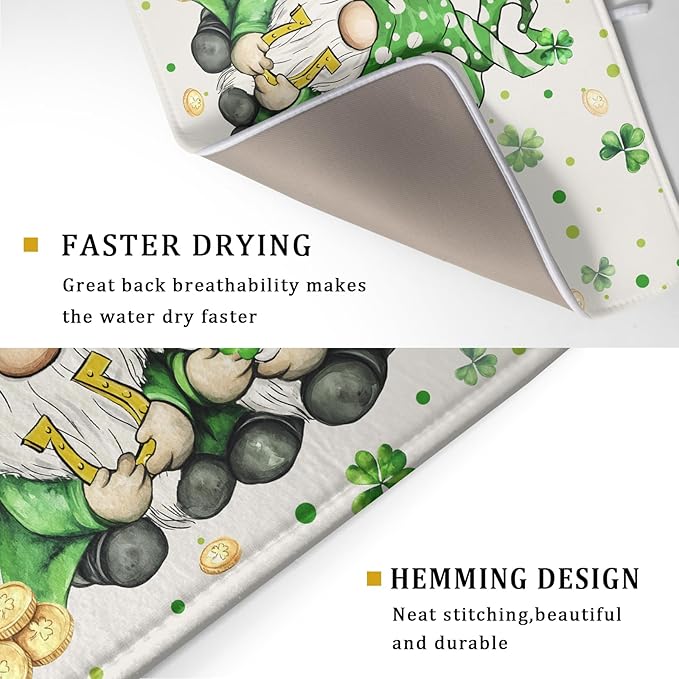 St Patrick's Day Gnome Dish Drying Mat 18x24 inch Lucky Shamrock Absorbent Reversible Dishes Drainer Rack Mat for Coffee Bar Kitchen Decor