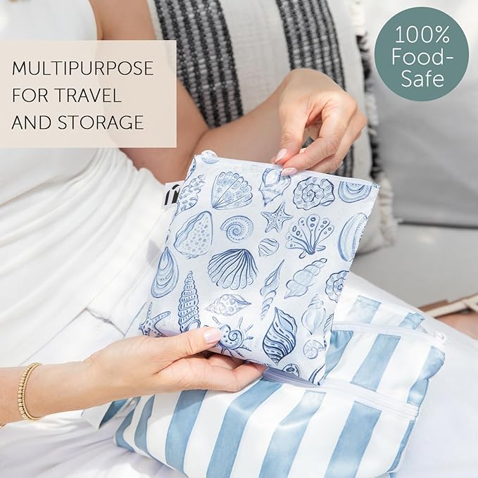 Roamio Reusable Sandwich and Snack Bags, for Kids School Lunch and for Adults Portion, Washable Fabric, Waterproof Cloth Zip Bag, Travel Pouch, Food-Safe, Large 2-pk Nautical Stripe and Blue Shells