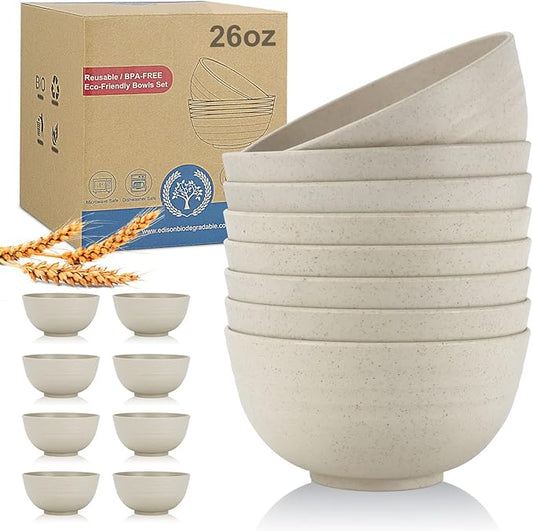 Wrova Wheat Straw Bowl Sets,8 PCS Unbreakable Cereal Bowls 26 OZ,Microwave and Dishwasher Safe Bowls, Kitchen Bowl suitable for cereal,salad,snack and soup (Beige)