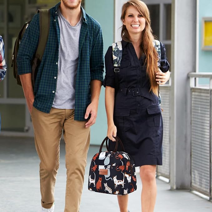 BALORAY Lunch Bag for Women Men Cute Reusable Insulated Lunch Box Large Capacity Lunch Tote Bag for Work, Picnic or Travel(Dark Blue With Cat)