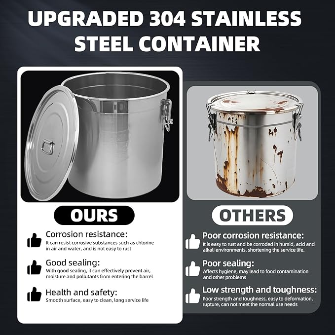 21L/5.5 Gal 304 Stainless Steel Containers with Lids 710 Oz Stainless Steel Airtight Containers with Lids and Lock Hole 304 Airtight Container for Kitchen 304 Stainless Bucket containers