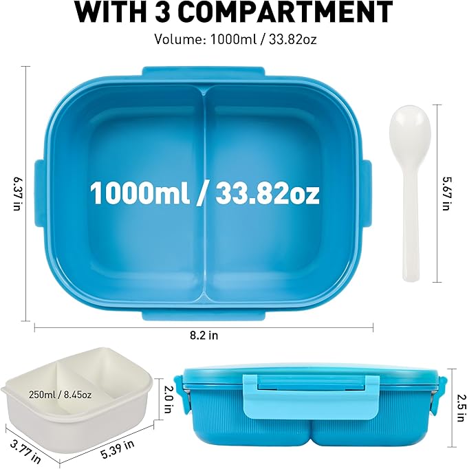 Bento Boxes with Removable Compartments for Adults & Kids,1000ml Lunch Box with Spoon & Water Cup,BPA-Free,Microwave & Dishwasher Safe(Blue)