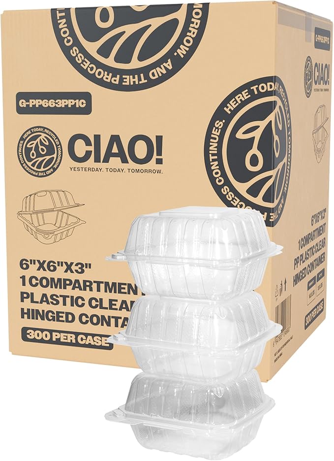 CIAO! 6"x6"x3" 1 Compartment PP Plastic Clear Hinged Container for Take Out (Case of 300)