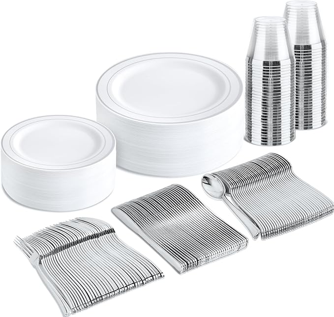 bUCLA 150-Piece Silver Disposable Dinnerware Set - White Plastic Plates with Silver Rim - Include 25 Dinner Plates, 25 Dessert Plates, 25 Forks, 25 Knives, 25 Spoons & 25 Cups for Party & Christmas