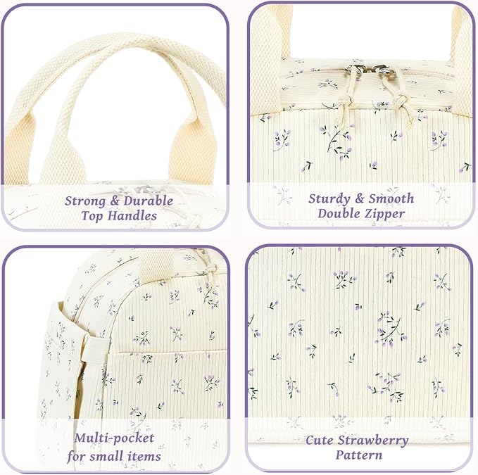 BTOOP Lunch Box for Women Men Cute Corduroy Lunch Bags Large Capacity Insulated Lunch Tote Bag For Work Travel Or Picnic (Purple-Flower)