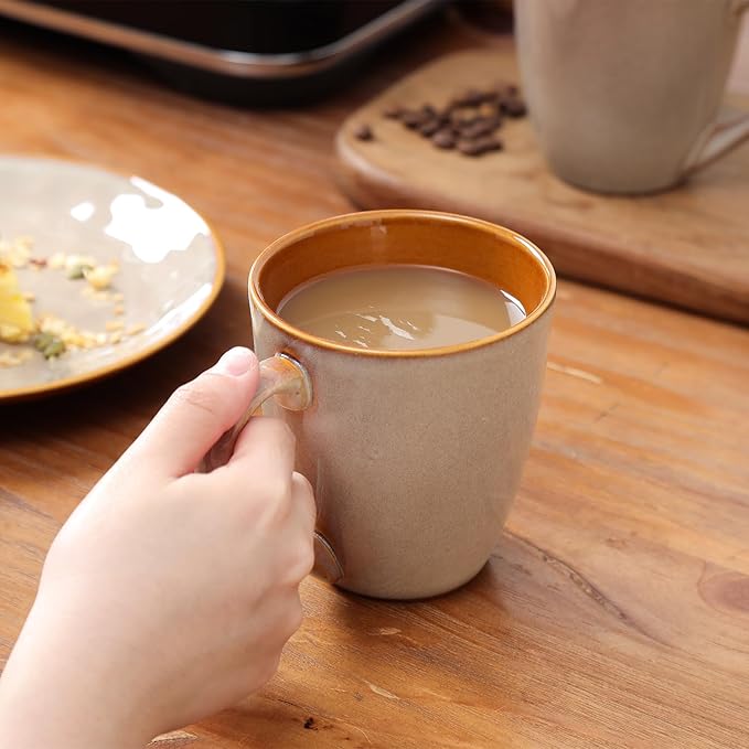 vicrays Coffee Mug Set, 12 Ounce, Set of 6, Ceramic Mug for Men, Women, Unique Glazed Mugs with Handle for Coffee, Tea, Milk, Cocoa, Cereal(Beige)