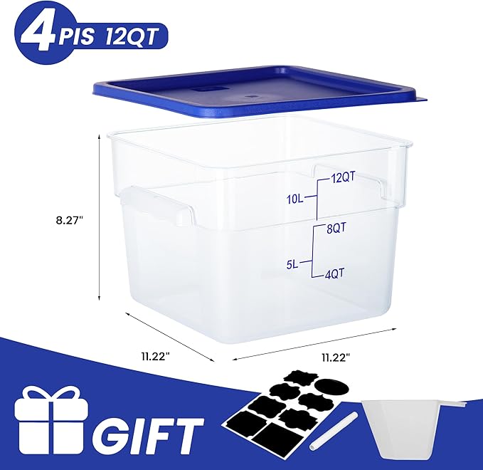 4 Pack Food Storage Containers, 12 Quart with Lids, Square Commercial Containers with Scale, NSF, Polycarbonate, Clear