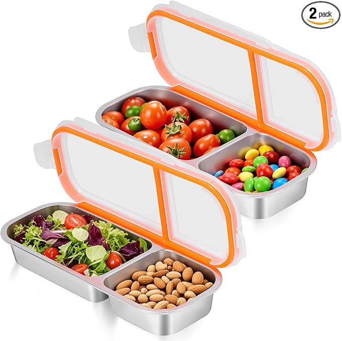 2 Pack Stainless Steel Snack Containers - Reusable Double Compartment Snackle Box Container with Lids for Kids Adults, Divided Snack Food Storage Containers for School, Home, Travel