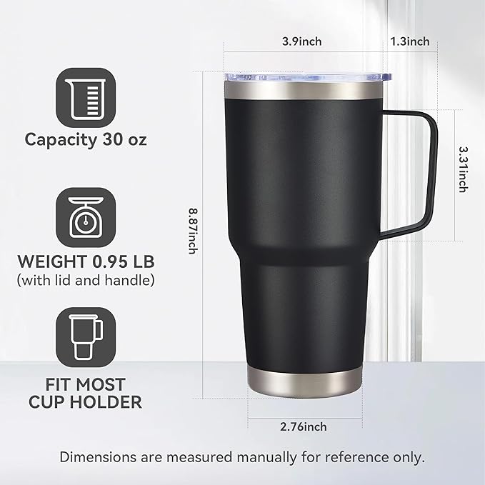 30 oz Tumbler with Handle and Lid, Stainless Steel Tumblers Bulk Double Wall Vacuum Insulated Travel Mug Leak Proof Cup Keep Drinks Cold and Hot Black, 4 Pack