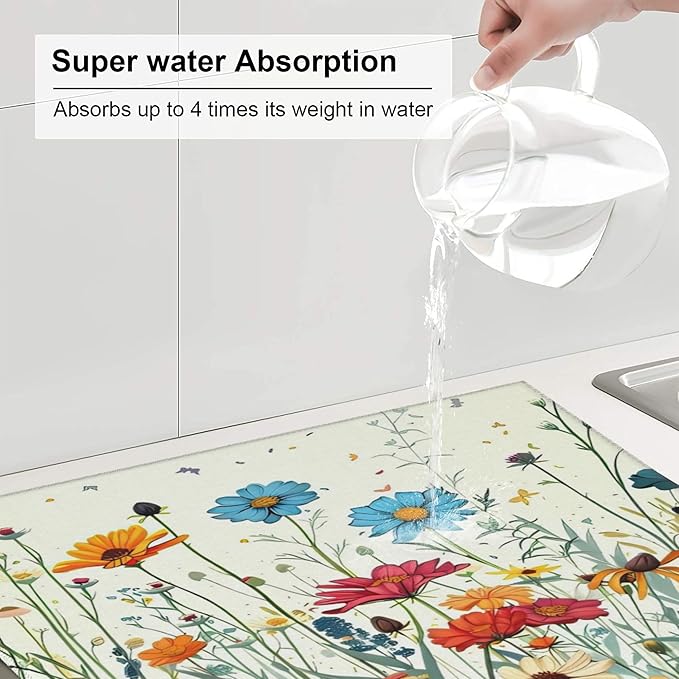 Butterfly Flowers Dish Drying Mat 16x18 Inch, Microfiber Absorbent Fast Dry Mat Daisy Floral Large Dish Mat Drying Kitchen Mat, Kitchen Drying Pad for Kitchen Counter Coffee Bar Decor Gifts