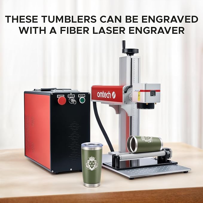 OMTech 20oz Tumblers Bulk, 6pc Stainless Steel Tumbler Set with Lid & Straw, Double Wall Vacuum Insulated Mug for Laser Engraver, Travel Coffee Mug for Hot & Cold Drinks, Army Green Powder Coated Cup