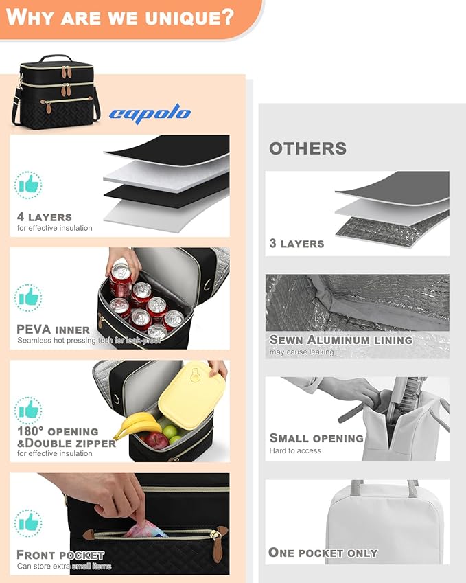 Capolo Lunch Box for Women Men Adults,Double Deck Insulated Lunch Bag Leakproof Lunch Cooler Box with Removable Strap Lunch Tote Bags Reusable Thermal Lunchbox for School Work Picnic(Large,Black)