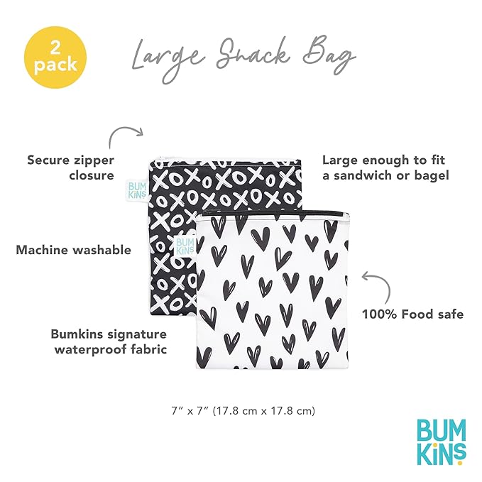 Bumkins Reusable Sandwich and Snack Bags, for Kids School Lunch and for Adults Portion, Washable Fabric, Waterproof Cloth Zip Bag, Travel Pouch, Food-Safe Storage, Large 2-pk Hearts and XOXO