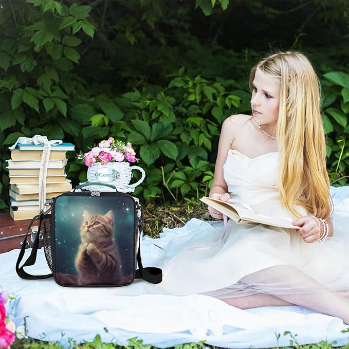 Cat Lunch Box for Kids, Cute Kitten Space Universe Lunch Bag for Boys Girls, Reusable Insulated Waterproof Lunch Box with Adjustable Shoulder Strap Thermal Cooler Tote Bag for School Daycare Picnic