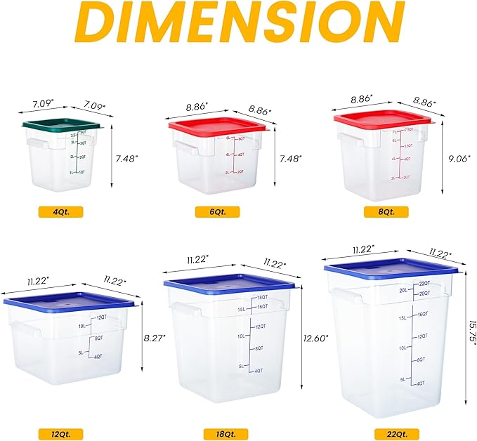 4 Pack Food Storage Containers, 6 Quart with Lids, Square Commercial Containers with Scale, NSF, Polycarbonate, Clear