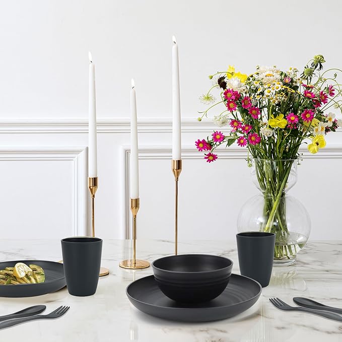 Wheat Straw Dishes Set for 4,Microwave Safe Plates and Bowls Sets, Unbreakable and Ruseable Plastic Dinnerware Sets for Kitchen,Camping,Dorm,Dessert Plates, Water Cups,Serving Bowls（Black,20 PCS）