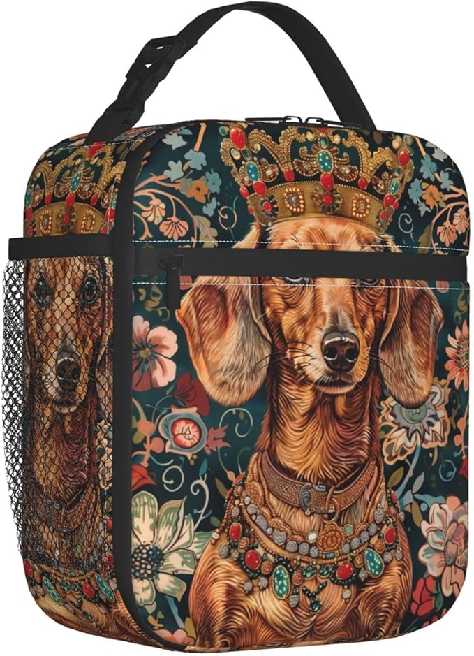 Reusable Dachshund Lunch Box for Kids Girls Boys Women Adult, Insulated Cute Crown Weiner Dog Bag,Polyester Cooler Floral Handbags Case for School Picnic Work Travel Beach or Hiking