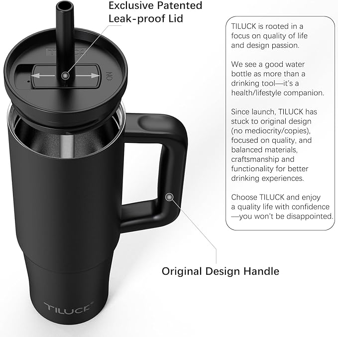 TILUCK 30 oz Tumbler with Handle, Vacuum Insulated Stainless Steel Travel Mug with 100% Leak-Proof Silicone Straw Lid, Cupholder Friendly Water Bottle(MidnightBlack, 30oz)