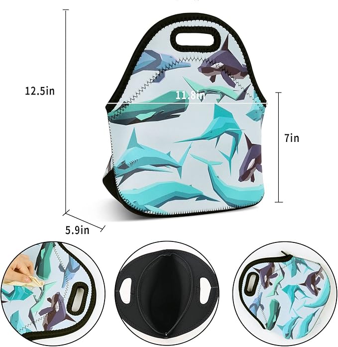 Violet Mist Cute Neoprene Lunch Bag Reusabl lunch bags Bags Shark Insulated Thermal Lunch Box Cool Sea Animal Food Hand Bags Cooler Lighweight Washable lunch bags Work Picnic Gift for Women Men Adult