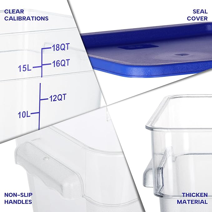 4 Pack Food Storage Containers, 18 Quart Square Commercial Food Containers with Lids, NSF, Polycarbonate, Clear