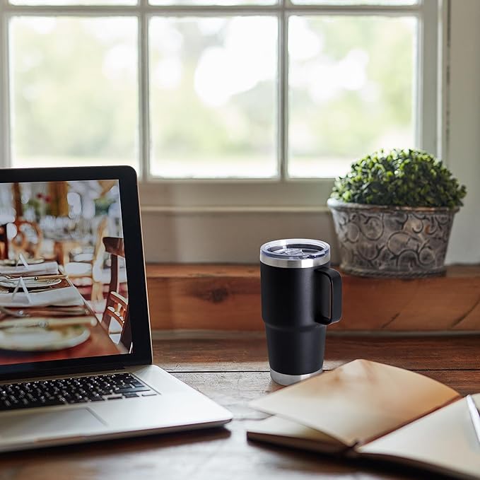 20oz Tumbler Bulk with Lid, Stainless Steel Tumbler Bulk with Handle, Metal Insulated Travel Coffee Mug Set with Handle, Double Wall Vacuum Leak Proof Tumbler Cup, Black 12 Pack