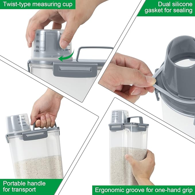 TBMax Rice Container 2 Pack 5 Lbs, Plastic Kitchen Pantry Food Storage Container with Easy pouring Spout and Cup, Small Pet Dog Cat Food Dispenser -Dark Grey