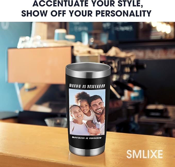 Personalized Custom Tumbler Print in USA 20oz Stainless Steel Coffee Cup with Lid & Straw Double Wall Insulated Tumbler with Colorful Text Logo Photo