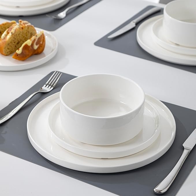 12 Pcs White Dinnerware Set for 4, Porcelain Kitchen Plates and Bowls Set, Ceramic Chip and Scratch Resistant Dishs Set - Dishwasher & Microwave Safe, QOMO-1996