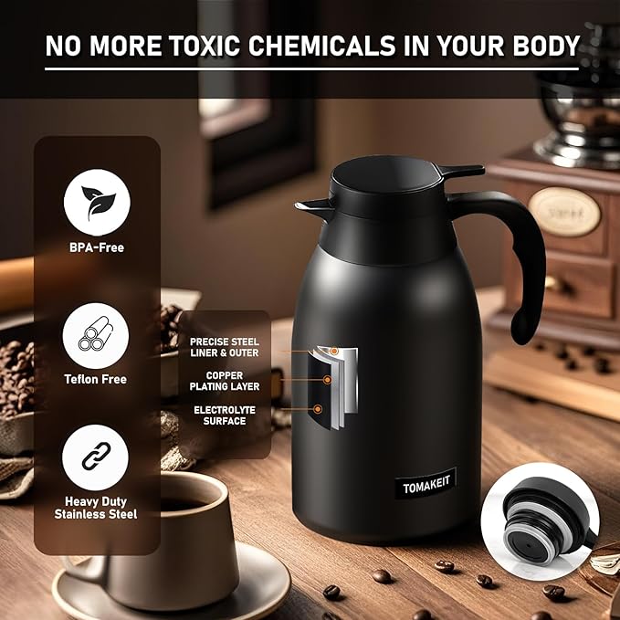 Thermal Coffee Carafe 2L/68 Oz Double-Wall Vacuum 304 Stainless Steel Insulated Thermoses Flask, 24-Hour Keeps Hot/Cold, Leak-Proof, for Travel, Work, Outdoor, BPA-Free, Easy to Clean