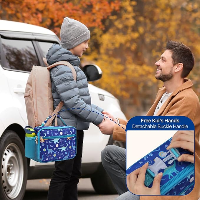 Bagseri Kids Lunch Bag Boys - Insulated Lunch Bag Reusable Leak-Proof Kids Lunch Box for Daycare and School, Blue Space Dinosaur (Water Bottle Not Included)