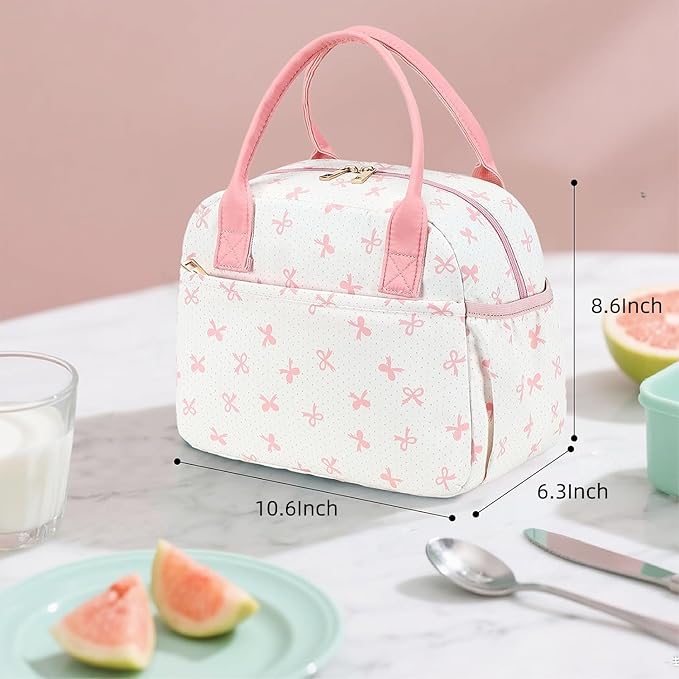CAMTOP Lunch Box for Women Insulated Lunch Bag Lunchbox Cooler Thermal Leakproof Quilted Reusable Lunch Tote Bag for Work School Travel Picnic (Pink Bow)