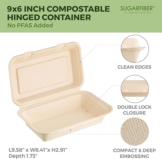[50 COUNT]Harvest Pack PFAS FREE 9 X 6" Compostable Clamshell Food Containers, Heavy-Duty Hinged Container, Disposable Bagasse Eco-Friendly Natural Takeout to go Box, Made from Sugarcane Plant