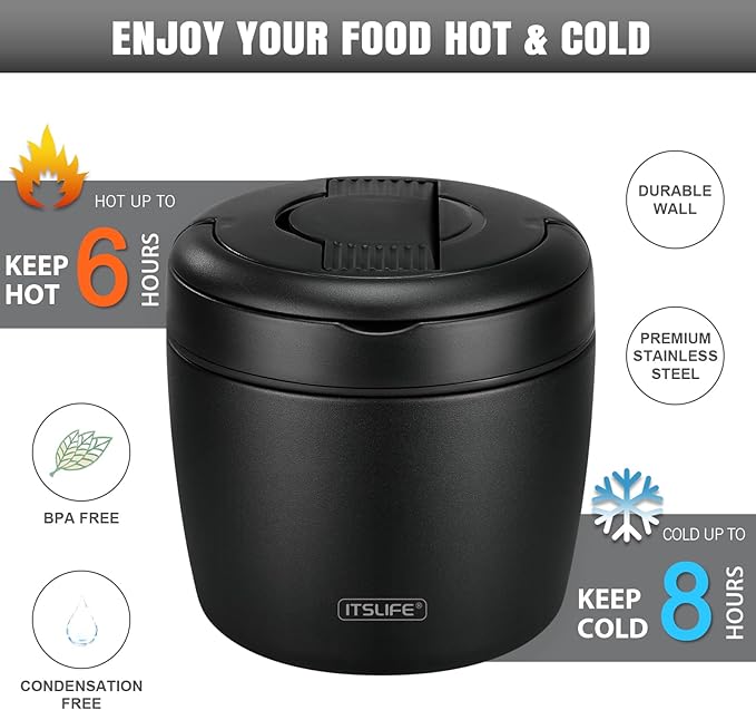 Soup Thermo for Hot Food Adults 32OZ Lunch Containers Wide Mouth Hot Food Jar Vacuum Insulated Stainless Steel Bento Box Leakproof with Spoon (Black)
