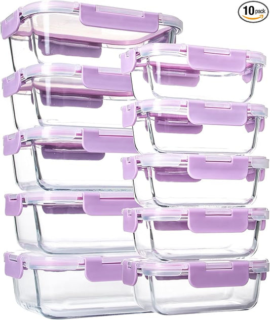 10 Pack Glass Food Storage Containers with Airtight Lids, Ideal for Meal Prep, Lunches - Microwave and Dishwasher Safe, Light Purple