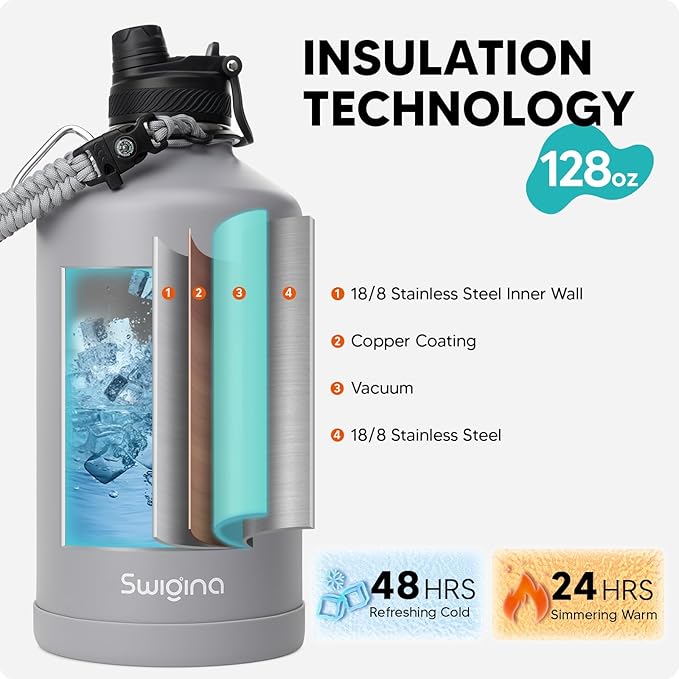 [2-IN-1 LID] Gallon Insulated Water Bottle with Silicone Boot (48hrs Cold/24hrs Hot) - DIY Stickers, Leakproof, BPA Free, 128 oz