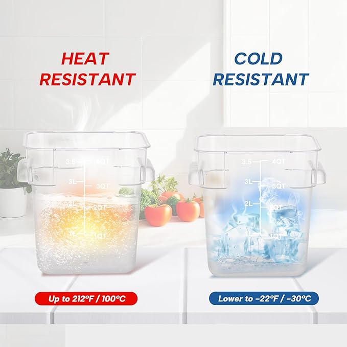 4 Pack Food Storage Containers, 4 Quart with Lids, Square Commercial Containers with Scale, Clear NSF Food Organizing, Polycarbonate