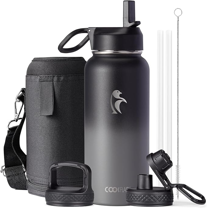 Water Bottle 32 oz Insulated with Straw, Coolflask Stainless Steel Metal 3 Lids Water Flask Wide Mouth for Sports or Office, Non-BPA Keep Cold Up to 48 Hrs or Hot Up to 24 Hrs, Piano Night