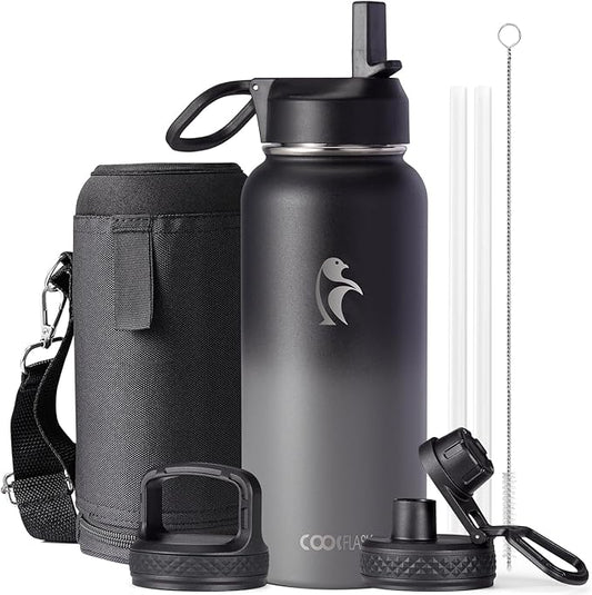 Water Bottle 32 oz Insulated with Straw, Coolflask Stainless Steel Metal 3 Lids Water Flask Wide Mouth for Sports or Office, Non-BPA Keep Cold Up to 48 Hrs or Hot Up to 24 Hrs, Piano Night