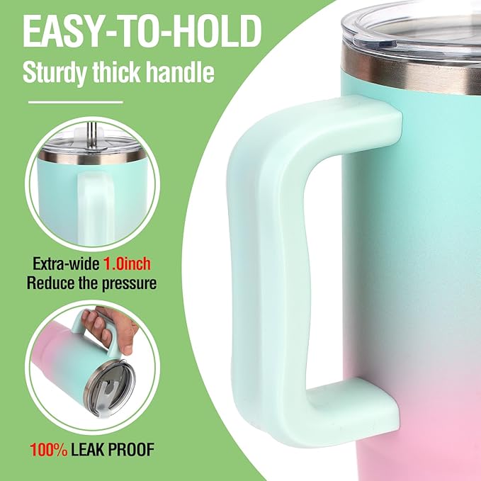 Zukro 24 oz Ceramic Lined Insulated Tumbler with Handle and Straw, No Metal Taste or Smell, Travel Coffee Mug with Spillproof Lids, No Sweat Stainless Steel Cup, Dishwasher Safe, Bubblegum