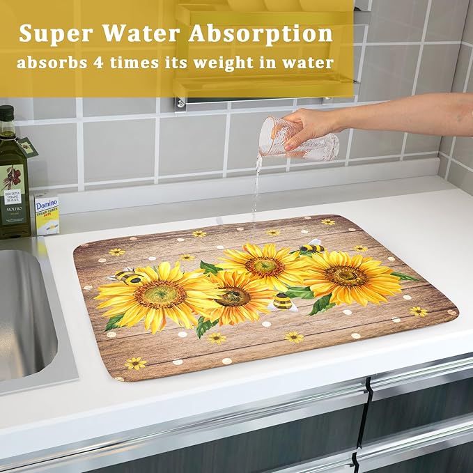 Sunflower Bee Dish Drying Mat for Kitchen Counter Home 18x24 Inch Wood Barn Microfiber Drainer Rack Mats Washable Absorbent Dish Dry Pad