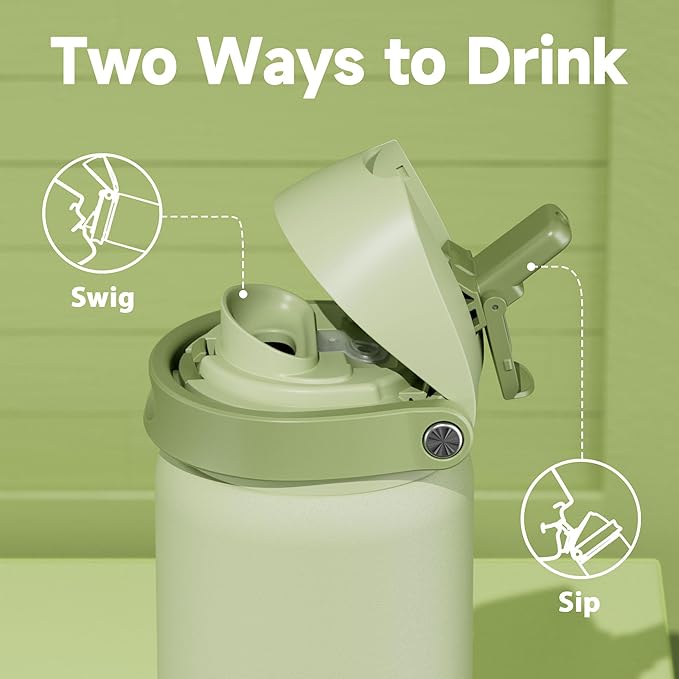 32 oz Insulated Water Bottle with Straw: Meoky Stainless Steel Metal Water Bottle with 2-in-1 Lid - Leak Proof, Cold for 24 Hours, Protective Silicone Base, BPA-Free for Sports Gym, Sage