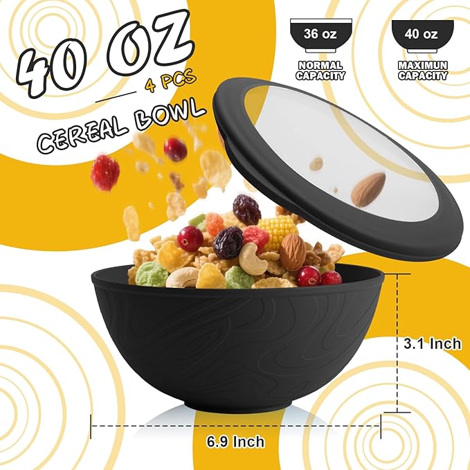 40 OZ Unbreakable Cereal Bowls with Lids, Wheat Straw Bowls Set of 4 with Unique Pattern, Reusable Plastic Bowl for Cereal, Soup, Salad and Ramen, Indoor & Outdoor Essentials, Black
