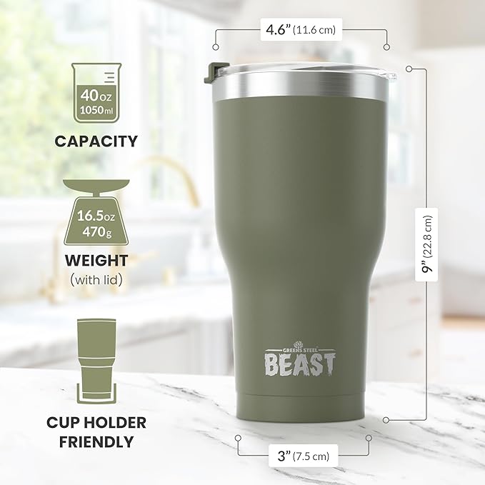 Beast 40 oz Tumbler Stainless Steel Vacuum Insulated Coffee Ice Cup Double Wall Travel Flask (Army Green)