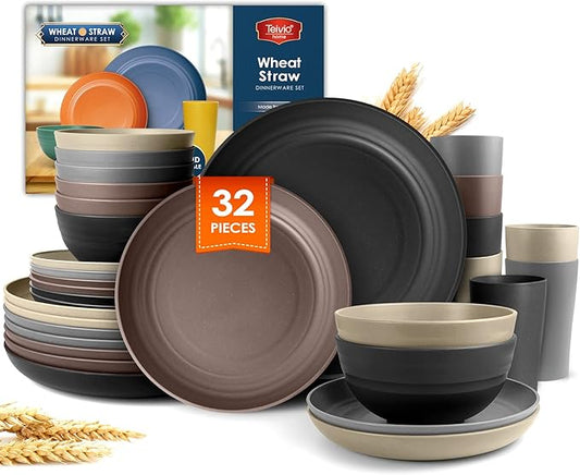 Teivio 32-Piece Kitchen Plastic Wheat Straw Dinnerware Set,Service for 8,Unbreakable Dinner Plates, Bowls,Cups,Farmhouse Outdoor Camping Dishes for Rustic Life/Country/Vintage Colorful,Aesthetic