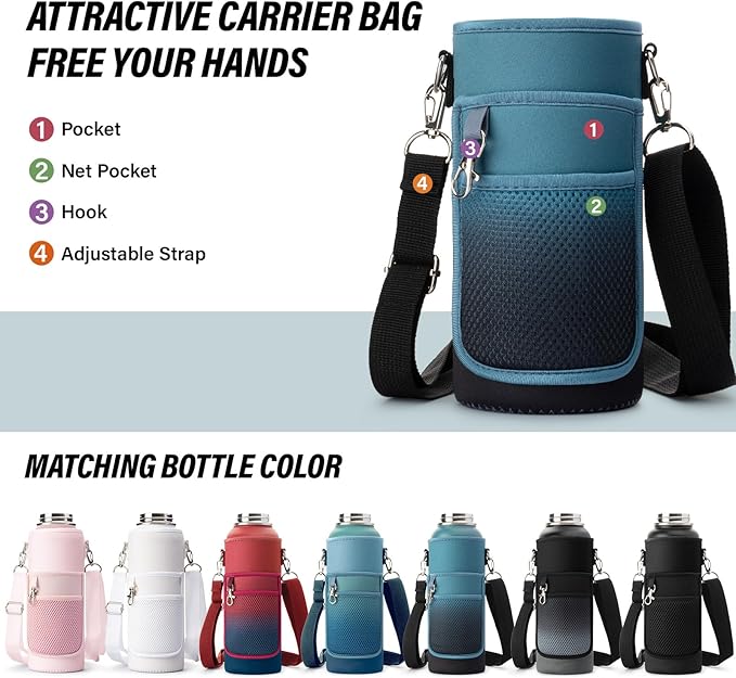 32 oz Insulated Water Bottle | Thickened Stainless Steel Vacuum Metal | Portable Sports Water Jug for Gym and Hiking with Straw, Carrier Bag, Handle Strap | BPA-Free 32 oz