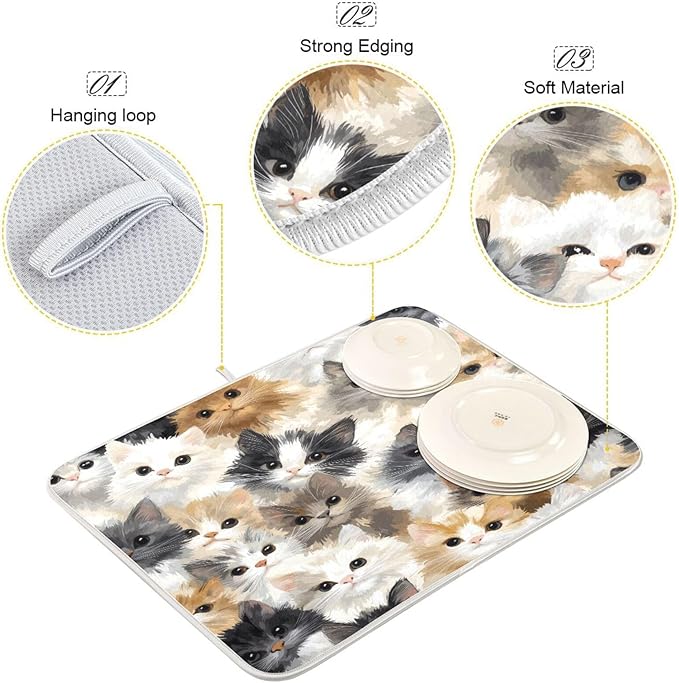 Cat Faces Pattern Dish Drying Mat for Kitchen Counter Super Absorbent Dishes Pad Reversible Microfiber Protector Dish Draining Mats 18x24 inch