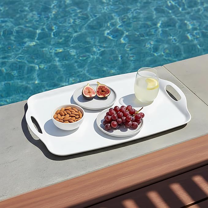 TP Serving Tray with Handles, Large Rectangle Melamine Serving Platter Set of 2, Pure White (19” x 12”)