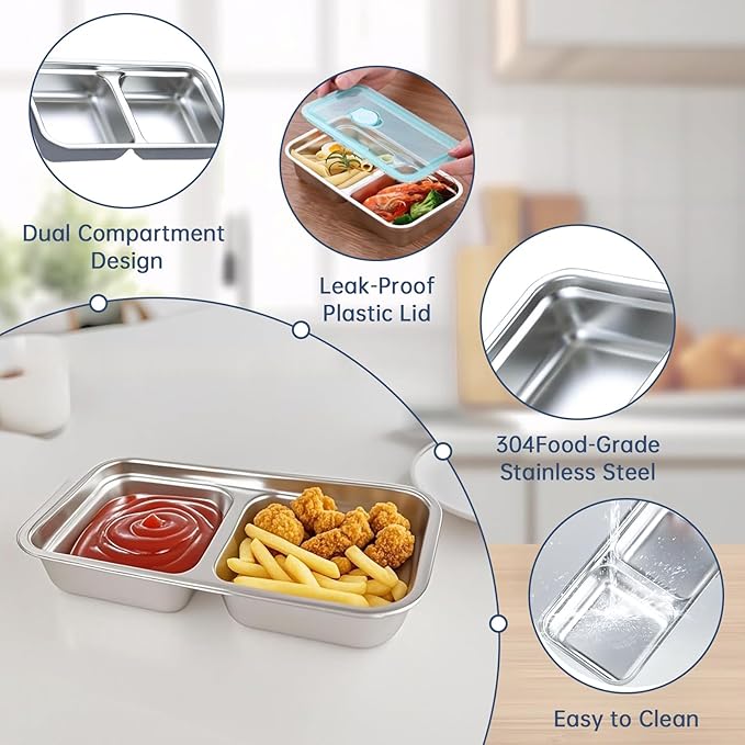 Stainless Steel Snack Containers, 2 PCS Grab and Go Double Compartment Container, Reusable Snack Containers with Lids for Outdoor Camping Food Storage
