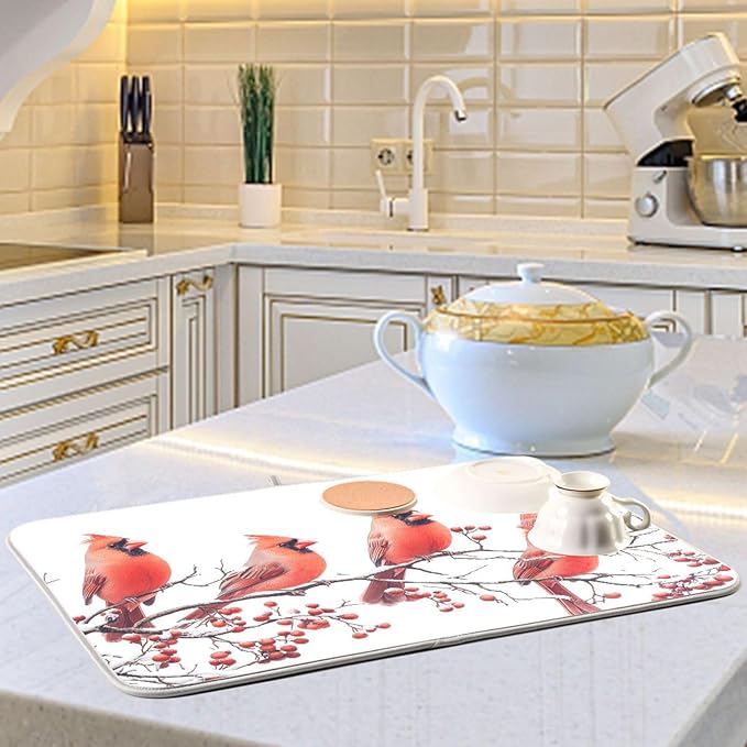 Birds Perched Tree Branches Dish Drying Mat for Kitchen Counter Super Absorbent Dishes Pad Reversible Microfiber Protector Dish Draining Mats 18x24 inch